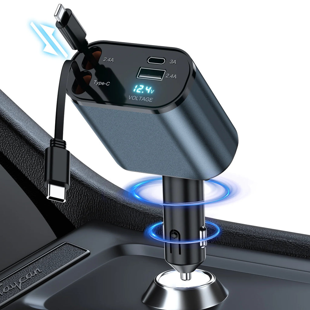 Retractable car charger cables extended