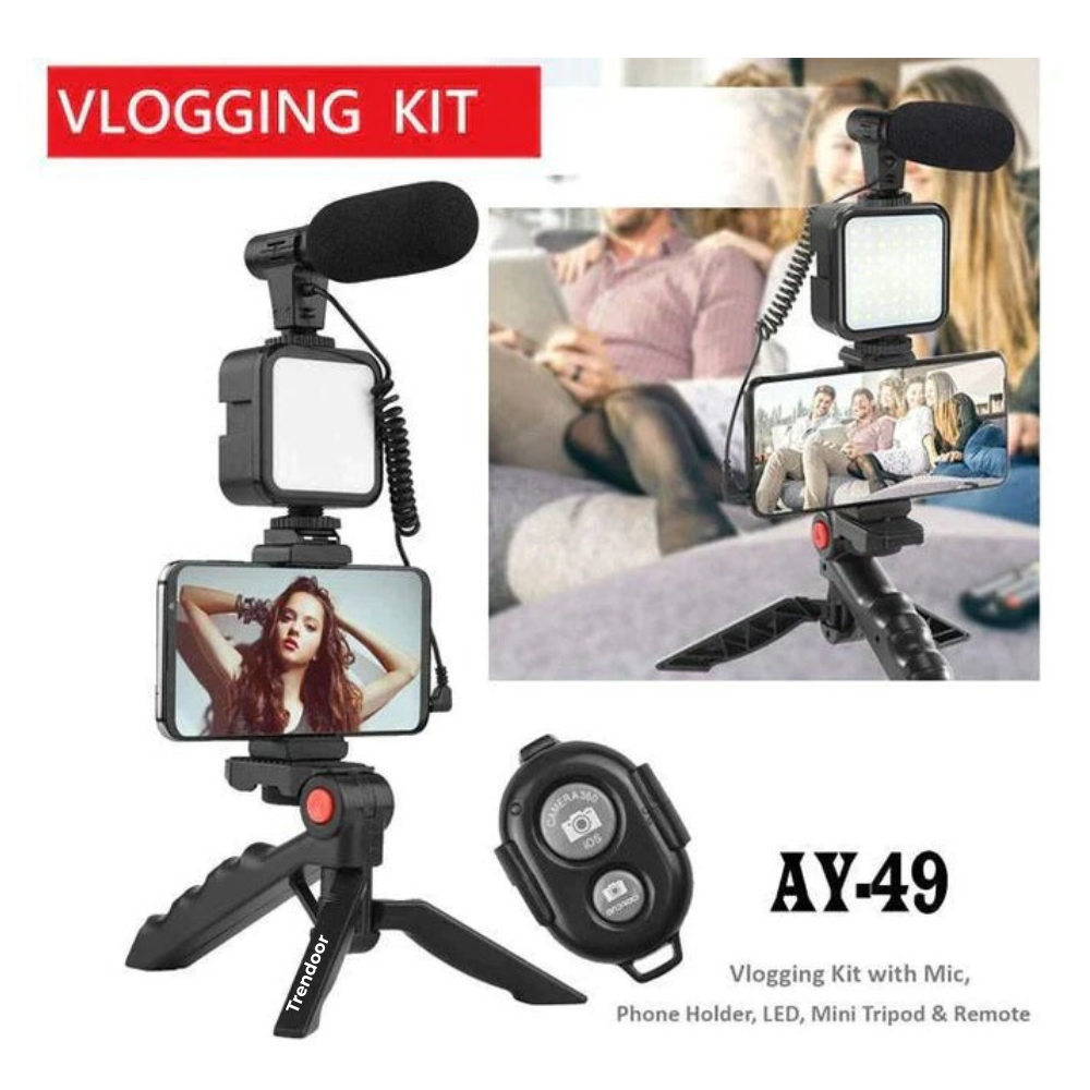 Vlogging Kit with Tripod, LED Light, Mic and Bluetooth Remote