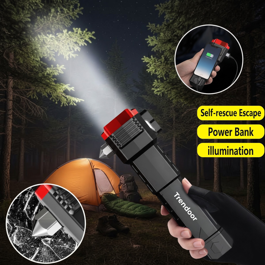Rechargeable LED Flashlight with Safety Hammer and Phone Charging