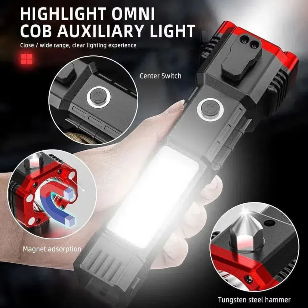 Rechargeable LED Flashlight with Safety Hammer and Phone Charging