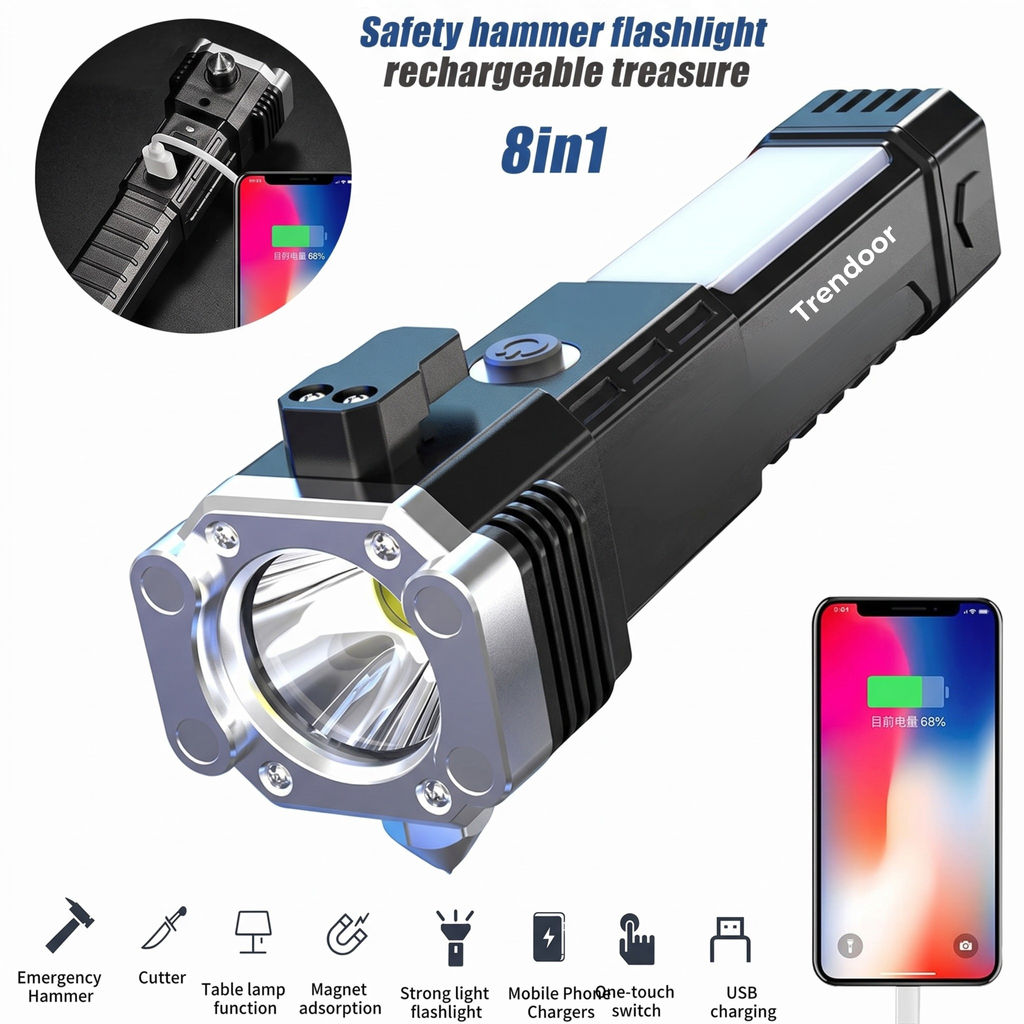 Rechargeable LED Flashlight with Safety Hammer and Phone Charging