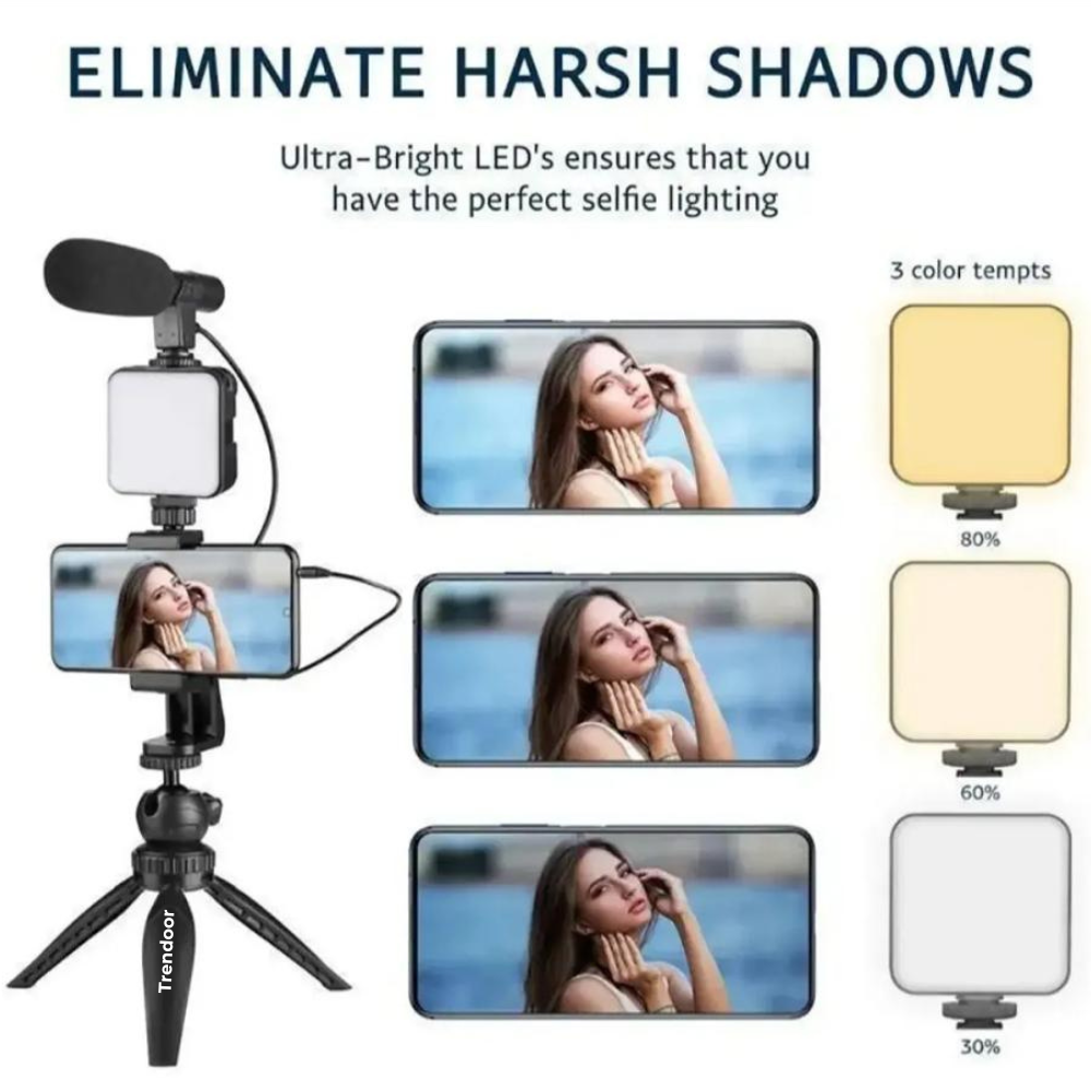 Vlogging Kit with Tripod, LED Light, Mic and Bluetooth Remote