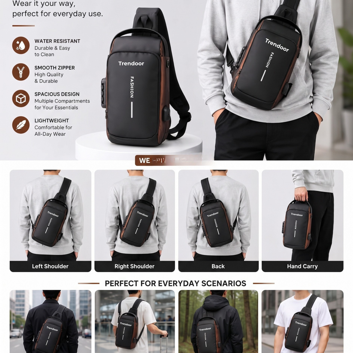 Anti-Theft Crossbody Sling Bag with Password Lock & USB Port