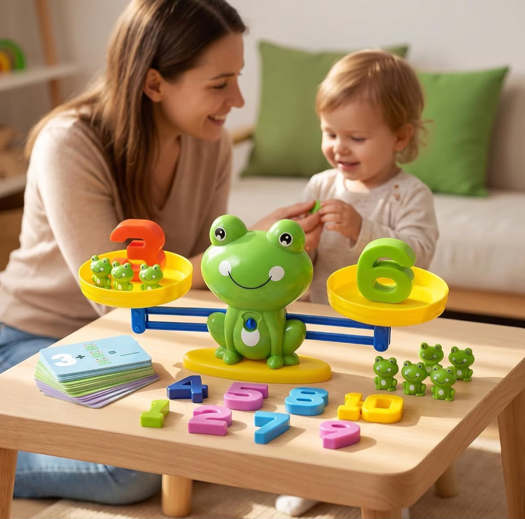 Frog balance toy with numbered weights