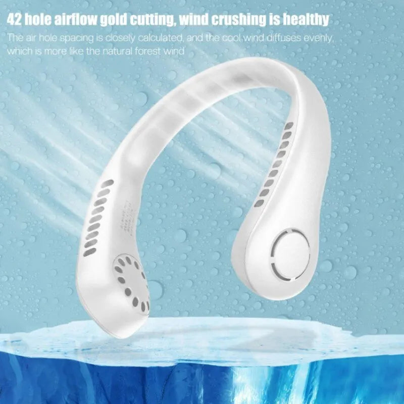 Portable neck fan in use outdoors