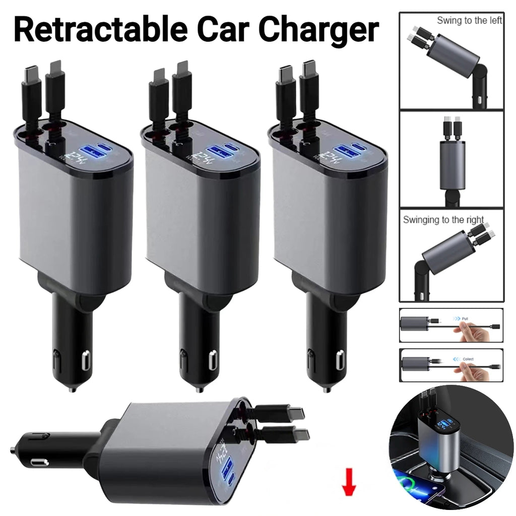 4 in 1 car charger 120W with retractable cables
