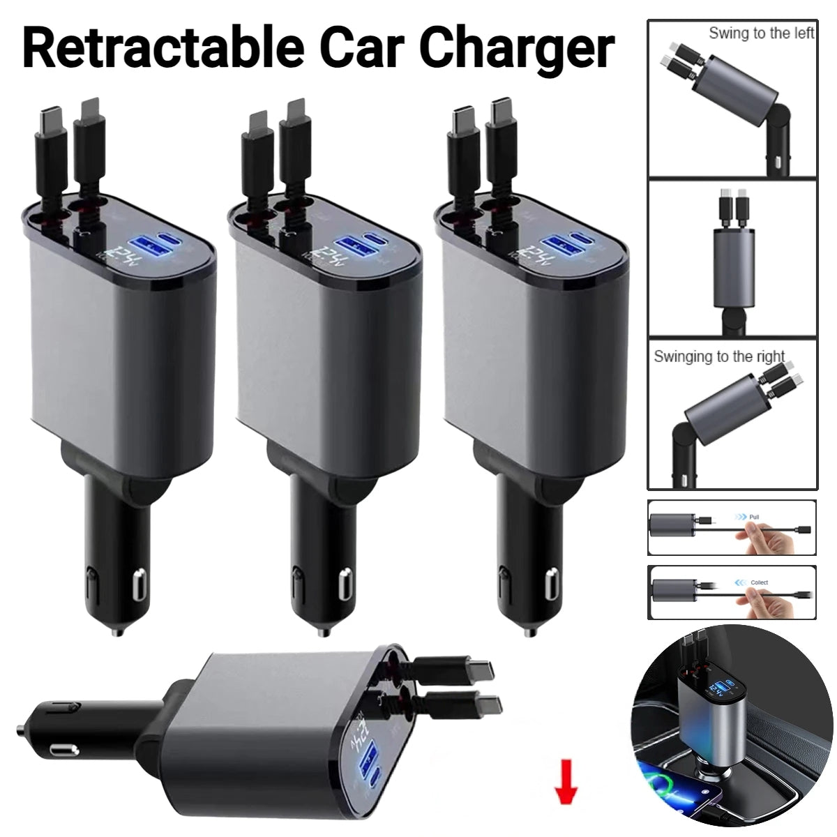4 in 1 car charger 120W with retractable cables