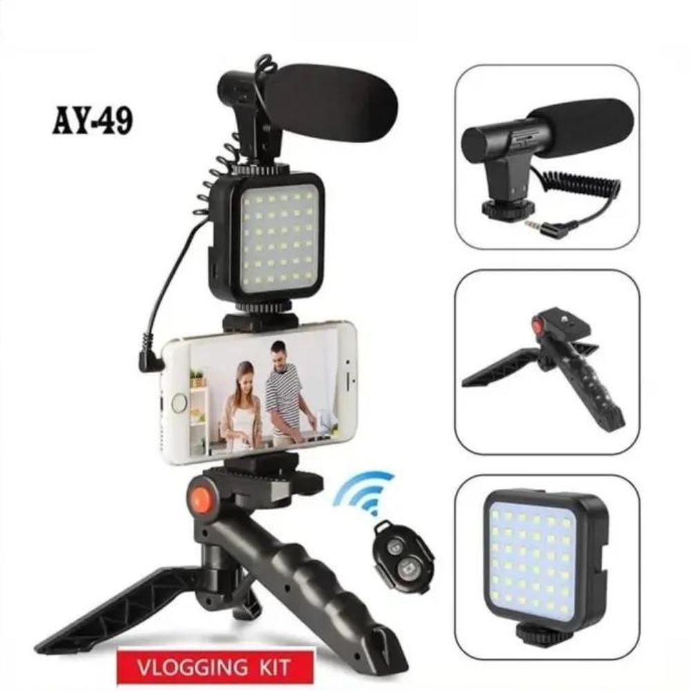 Vlogging Kit with Tripod, LED Light, Mic and Bluetooth Remote