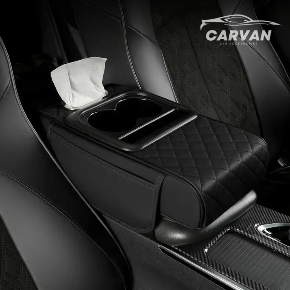Car Armrest Cushion with Cup Holder and Storage Box