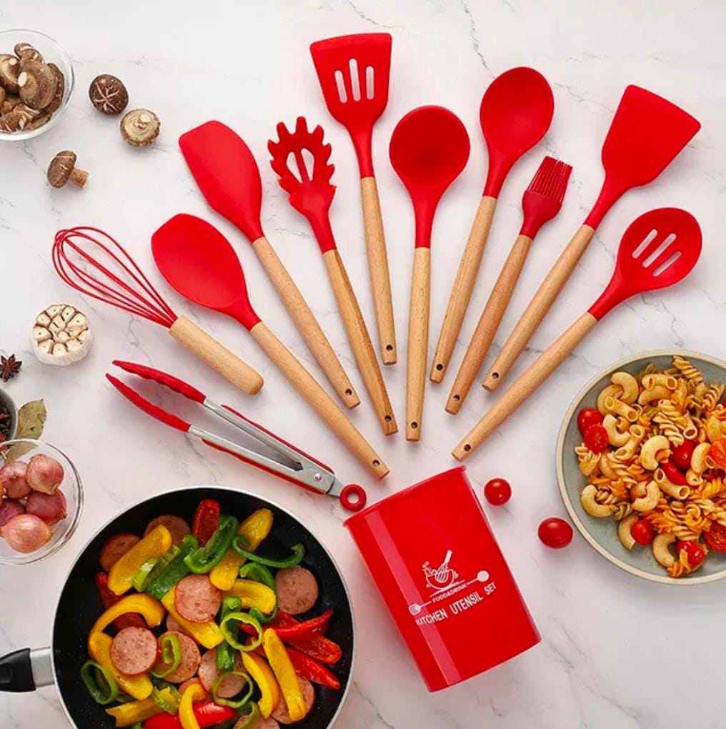 Full 12 piece silicone utensil set laid out