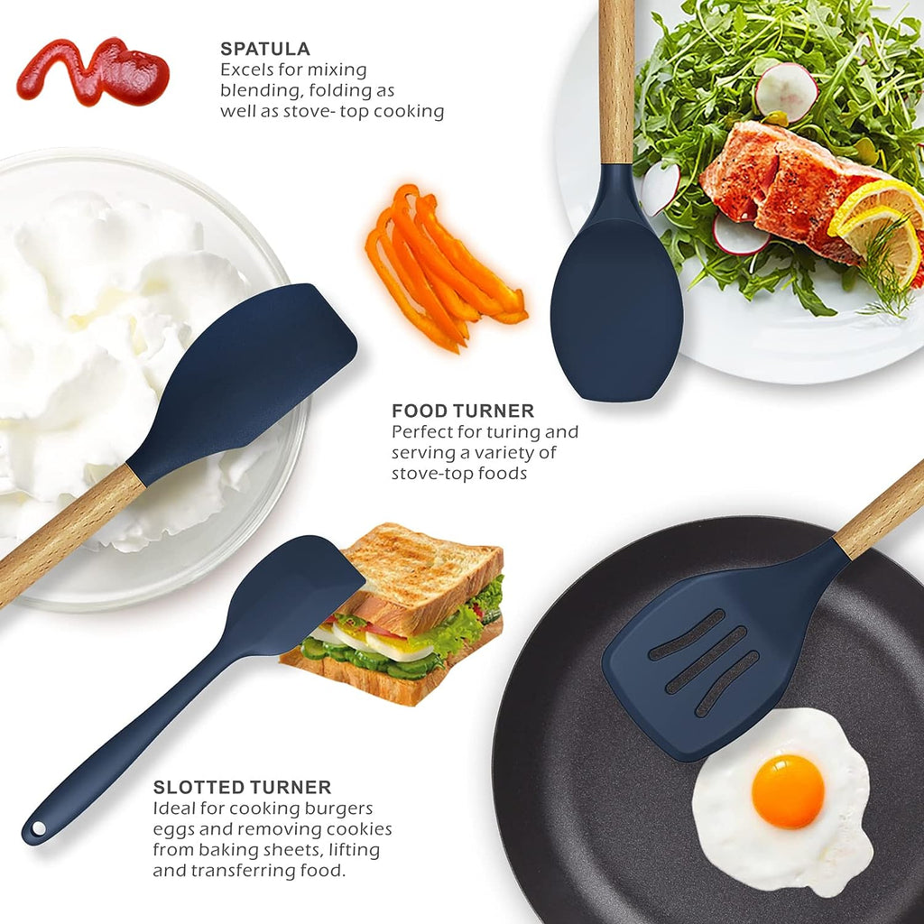 Wooden handle detail on silicone utensils