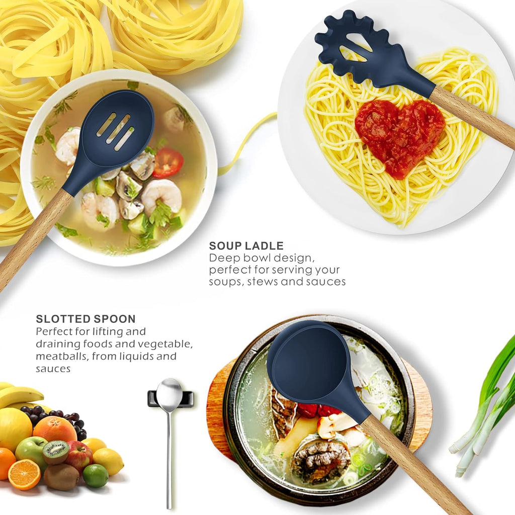 12 Pcs Silicone Kitchen Utensil Set with Wooden Handles