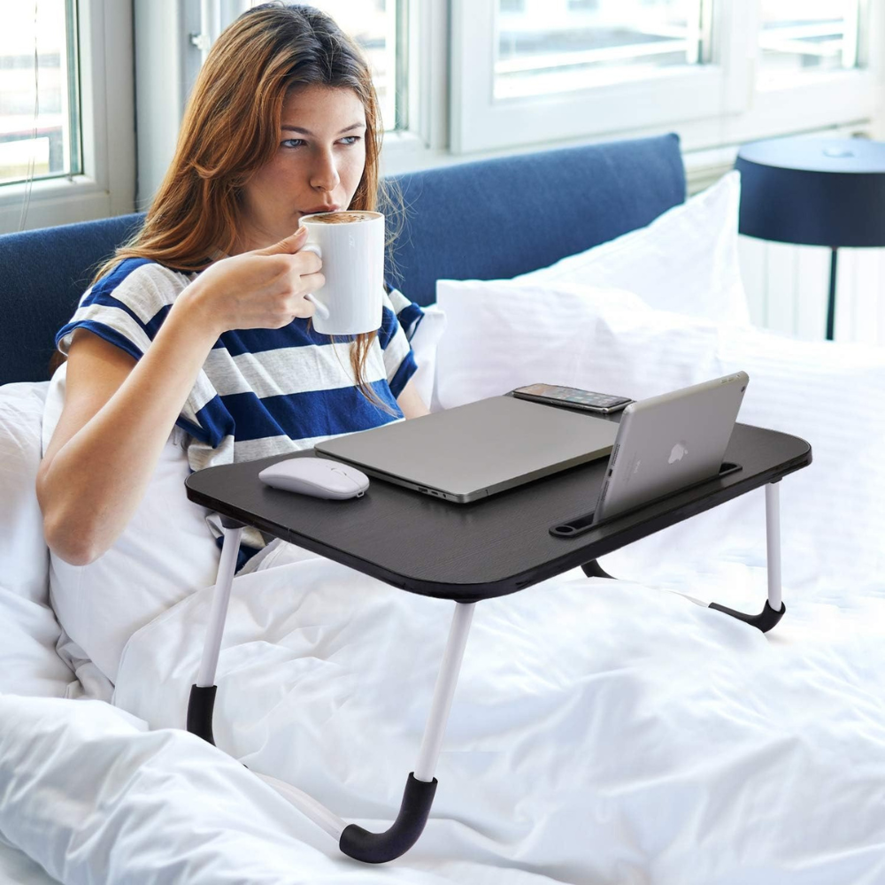 Foldable Laptop Bed Table with Tablet Slot and Cup Holder