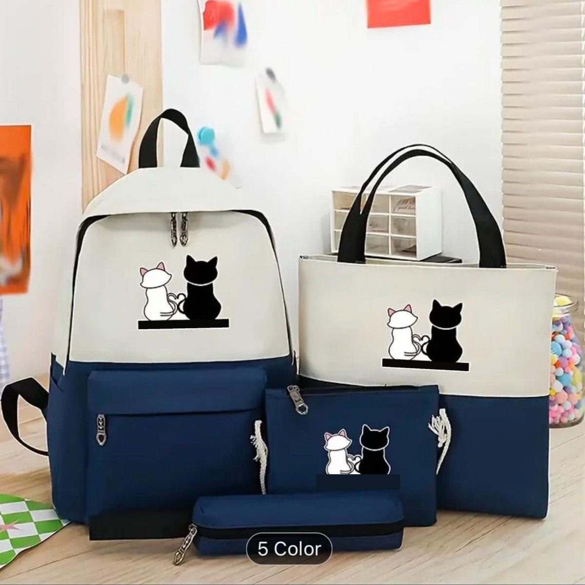 Cute Cat Print 4-in-1 School Bag Set for Girls