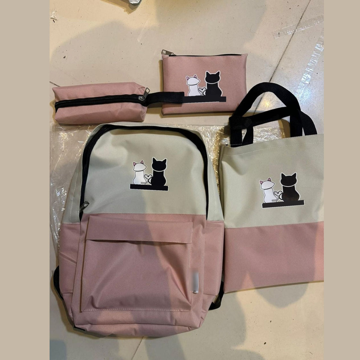 Cute Cat Print 4-in-1 School Bag Set for Girls