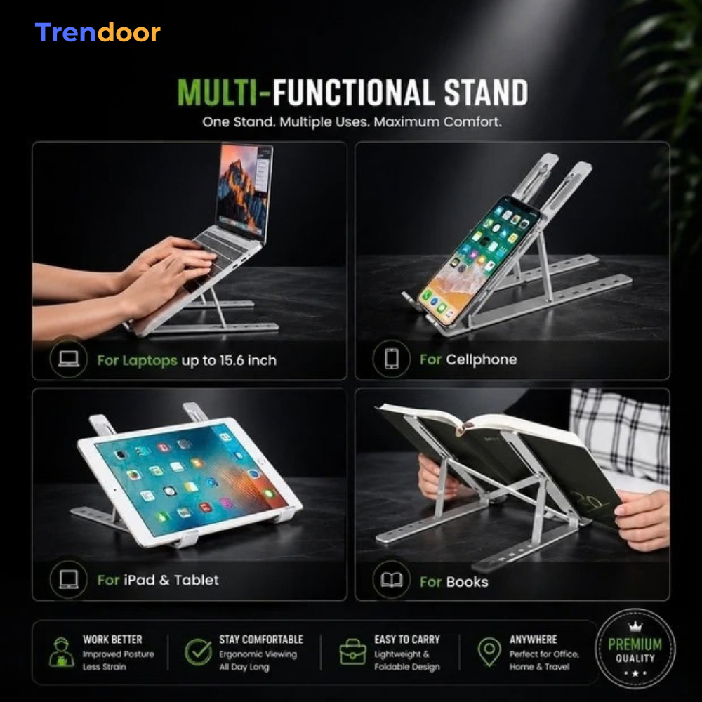 Adjustable Laptop Stand – Foldable Aluminium Stand with Carry Pouch