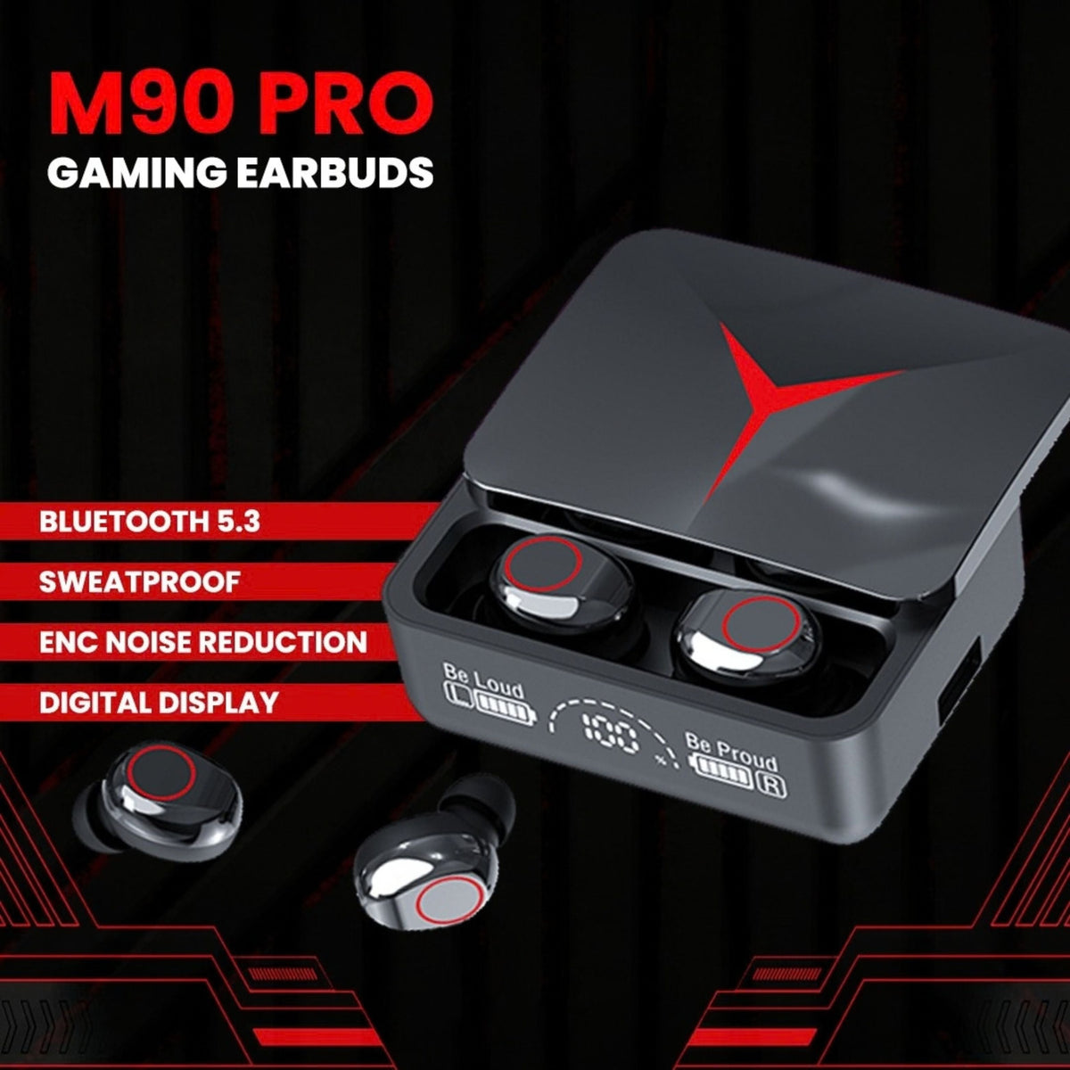 M90 Pro Wireless Gaming Earbuds with ENC and LED Display Case