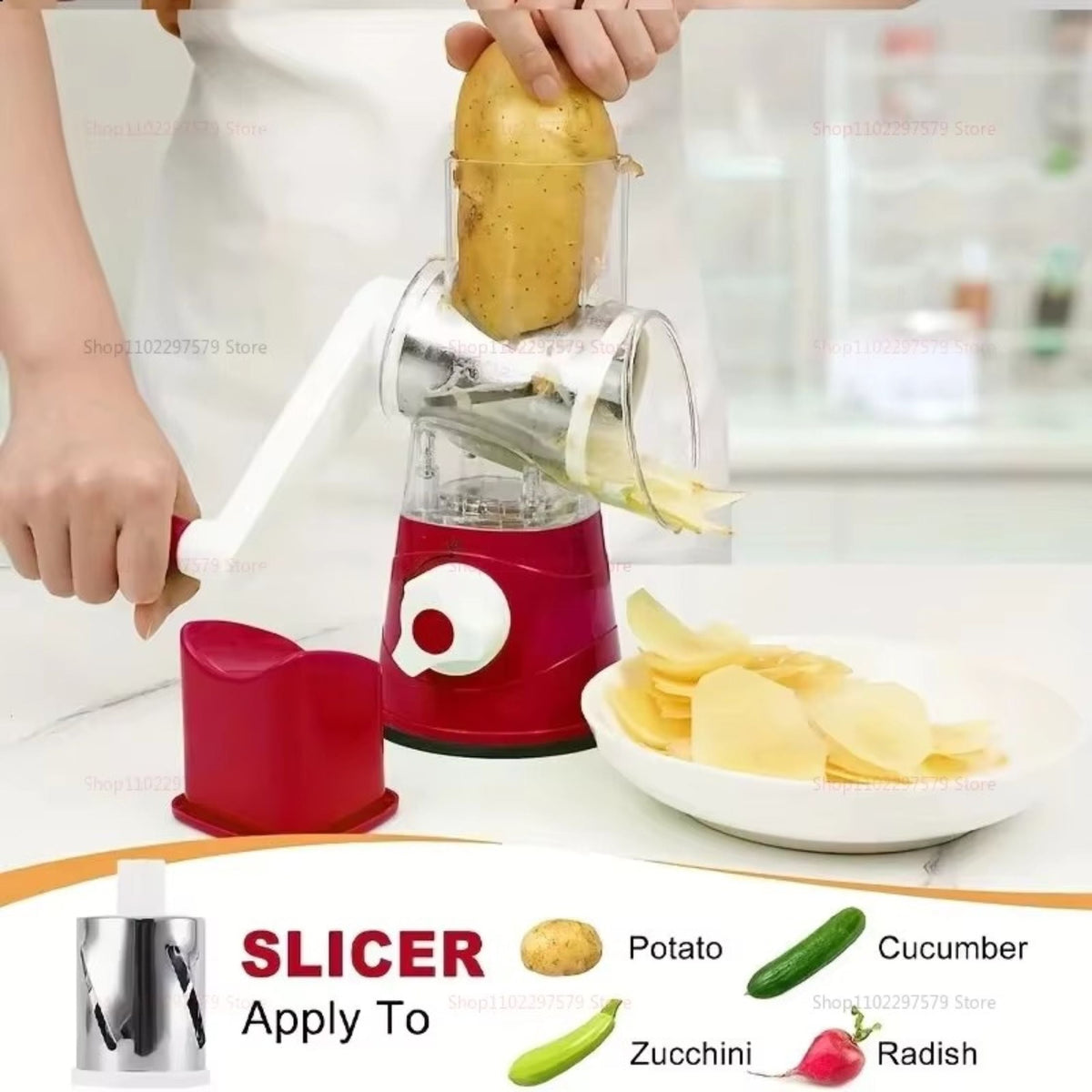 Rotary Vegetable Cutter and Slicer with 3 Stainless Steel Drums